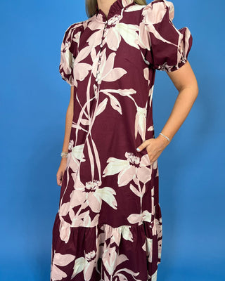 Wine Country Floral Puff Sleeve Midi Dress - All About You