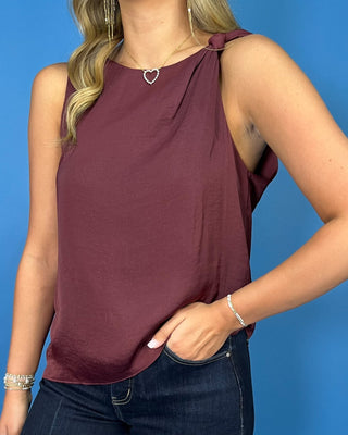 Wine Merlot Moment Knot Shoulder Satin Top - All About You