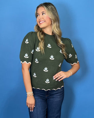 Woodland Bloom Scallop Embroidered Olive Knit Short Sleeve Sweater - All About You
