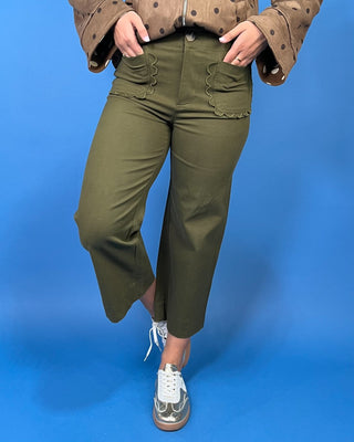 Woodland Girl Olive Cropped Scallop Pocket Wide Leg Pants - All About You