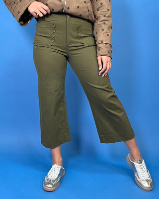 Woodland Girl Olive Cropped Scallop Pocket Wide Leg Pants - All About You