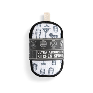 Ultra absorbent kitchen sponge with cocktail-themed design on a white background