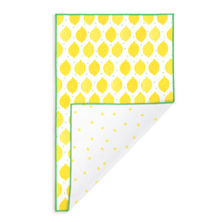 Two fabric swatches with lemon pattern on a white background