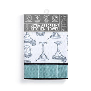 Kitchen towel with wine glass design and brand label on a white background