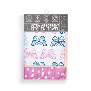 Kitchen towel with butterfly pattern in packaging on a white background